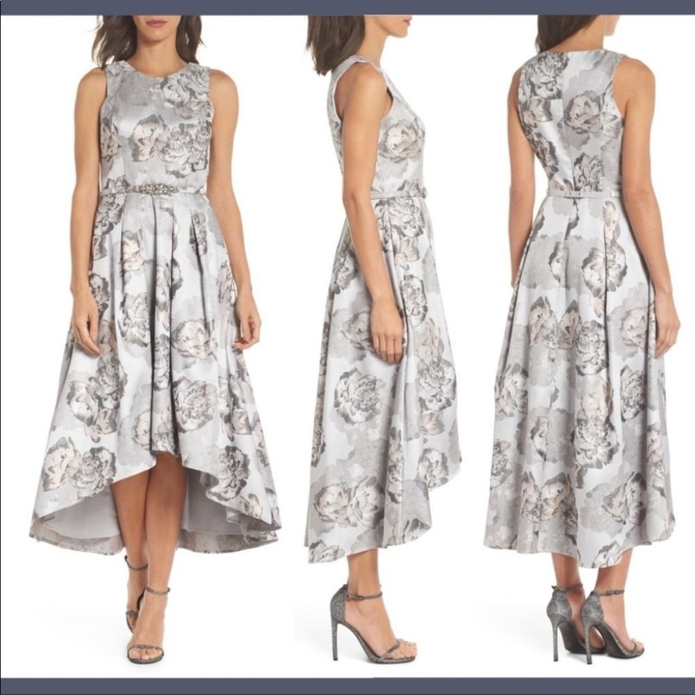 Eliza J Jacquard High-Low Floral Gown size 12 Silver Gray with belt